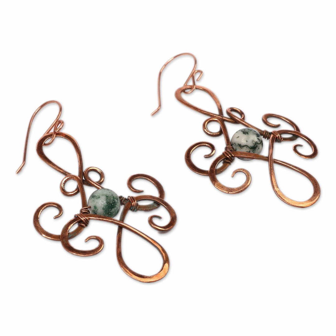 Folk Art Floral Antiqued Copper and Agate Dangle Earrings - Mystic Spring