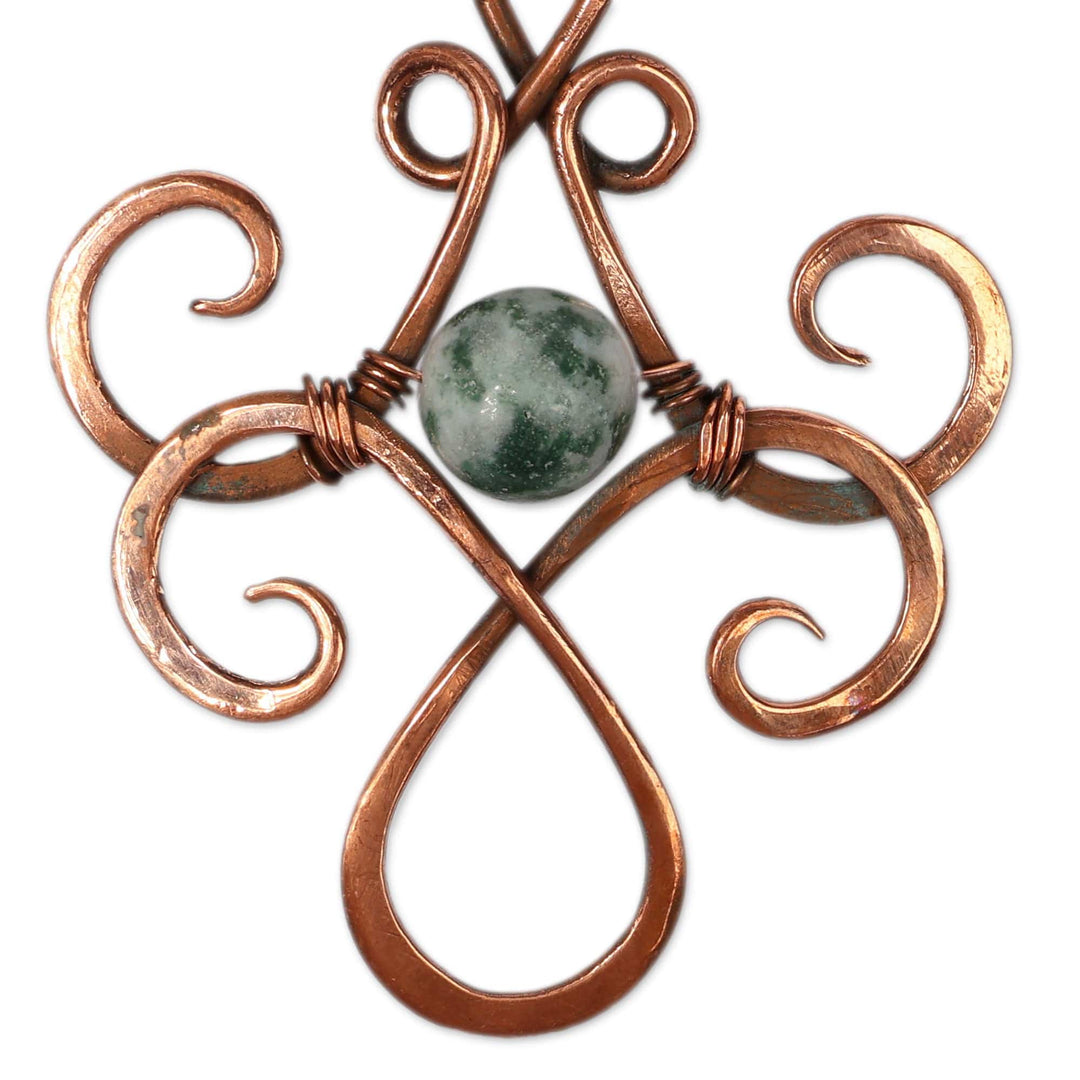 Folk Art Floral Antiqued Copper and Agate Dangle Earrings - Mystic Spring