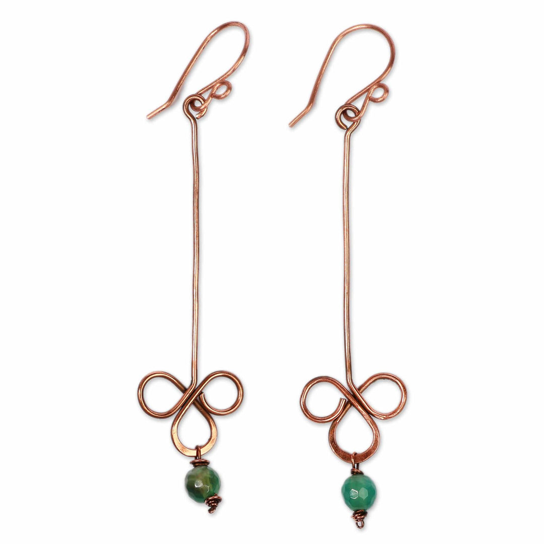 Artisan-Made Natural Green Agate and Copper Dangle Earrings - Ribbons of Luck