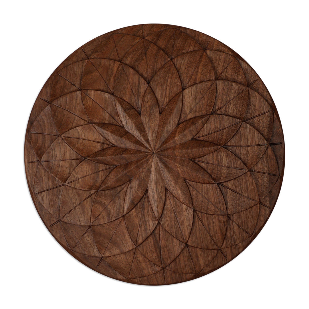 Handmade Floral Walnut Wood Round Relief Panel from Armenia - Petals of Life