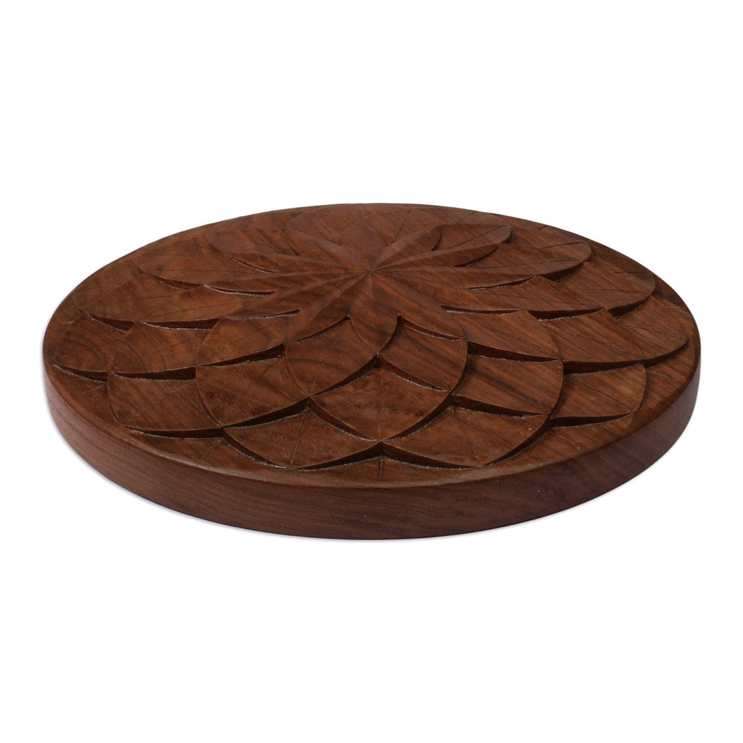 Handmade Floral Walnut Wood Round Relief Panel from Armenia - Petals of Life