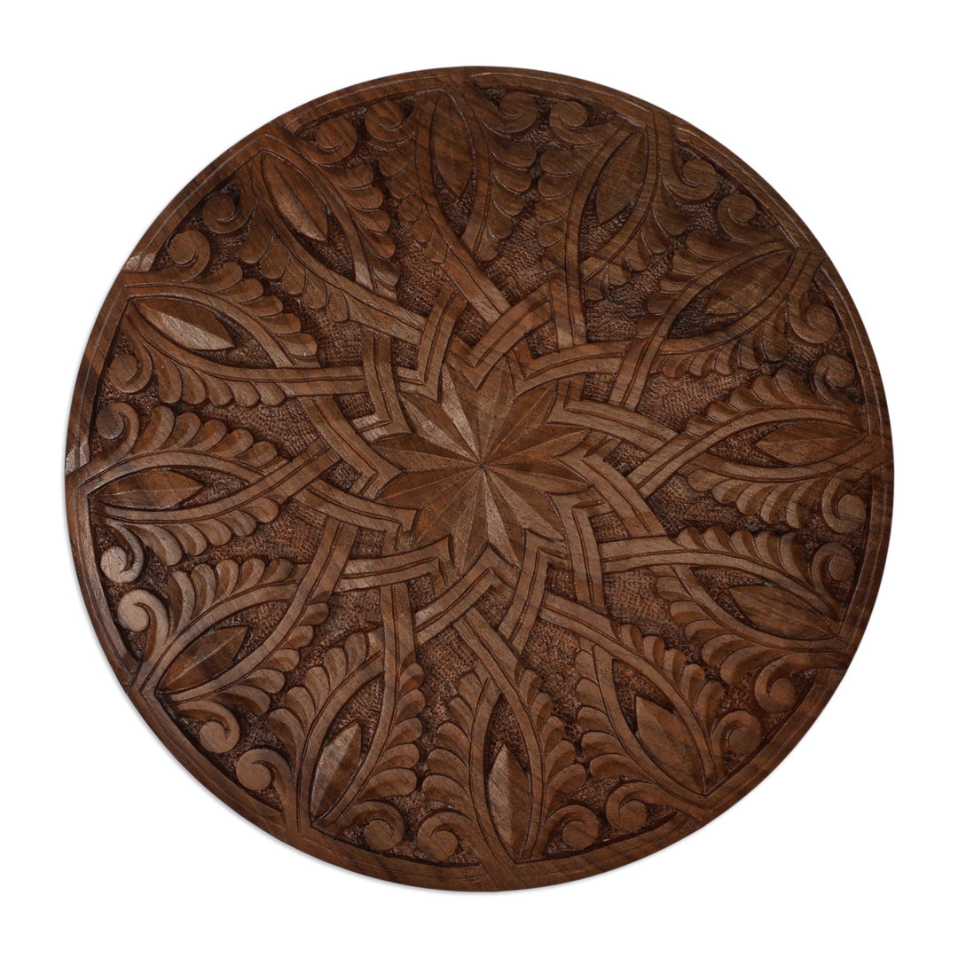 Folk Art Nature-Themed Leafy Round Walnut Wood Relief Panel - Sylvan Armenia