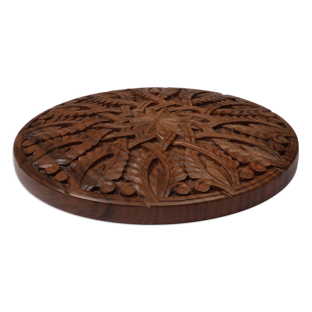 Folk Art Nature-Themed Leafy Round Walnut Wood Relief Panel - Sylvan Armenia