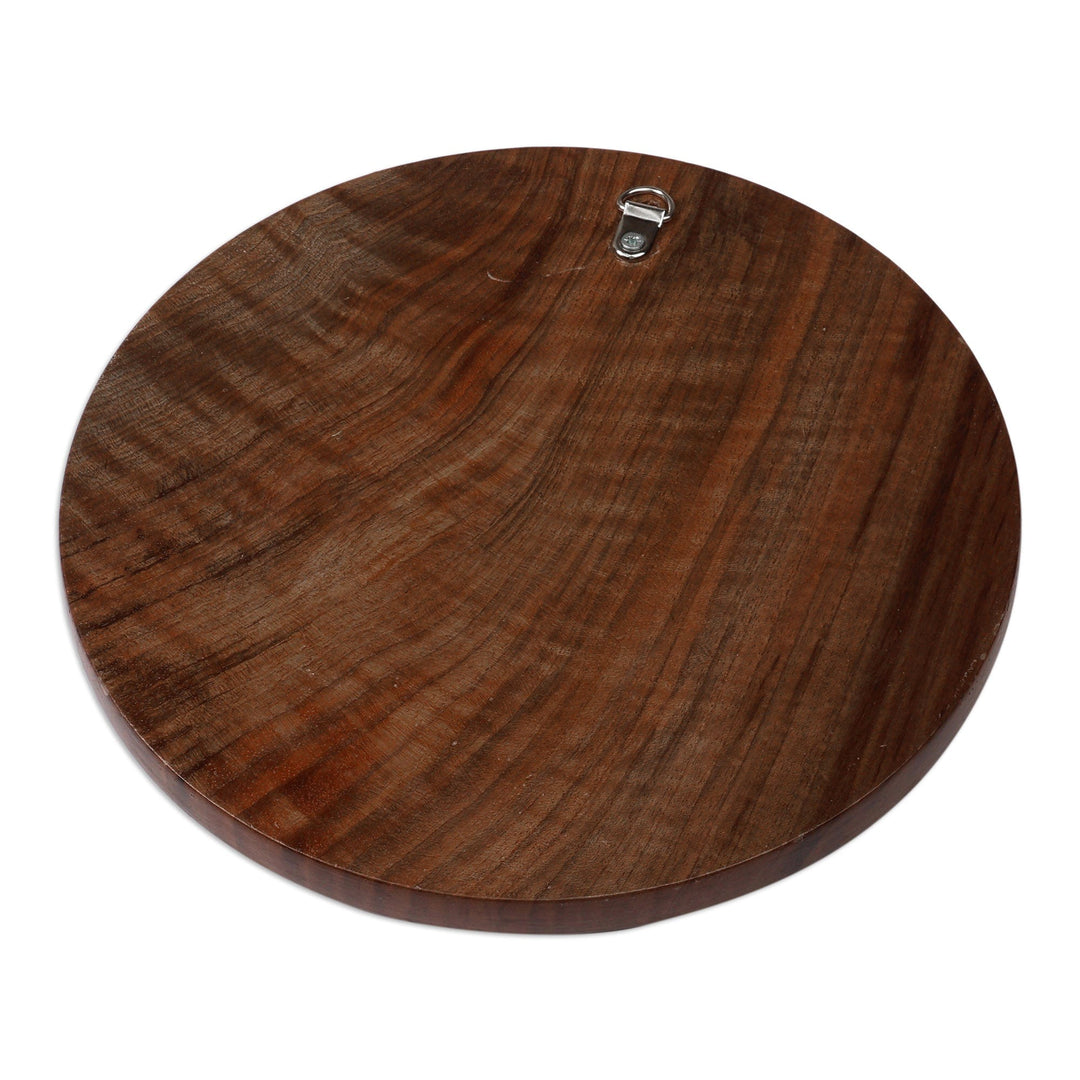 Folk Art Nature-Themed Leafy Round Walnut Wood Relief Panel - Sylvan Armenia