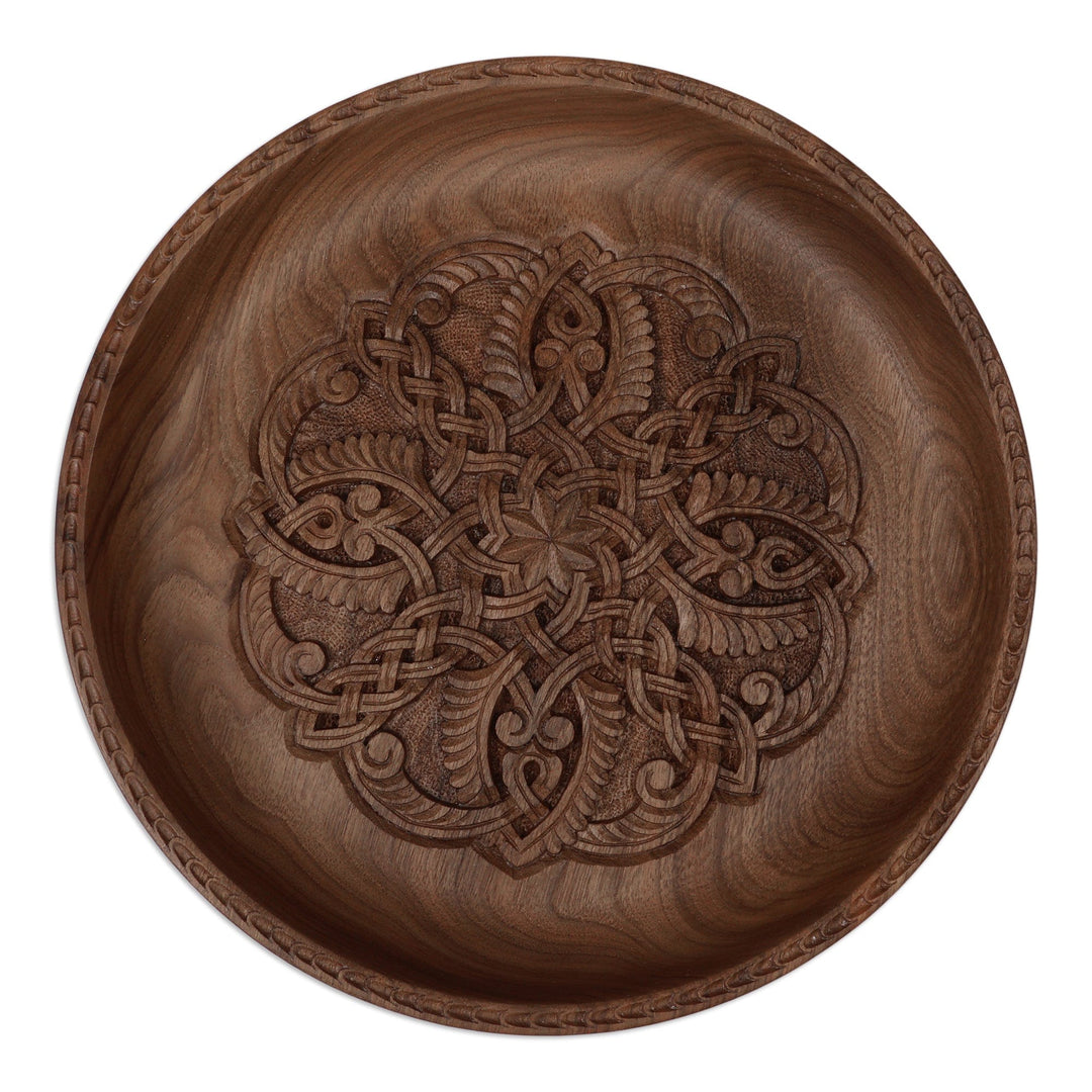 Sylvan-Themed Leafy Polished Walnut Wood Decorative Plate - Forest Tradition