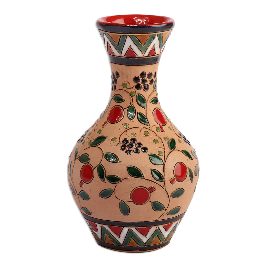 Armenian Pomegranate and Leaf-Themed Glazed Ceramic Vase - Pomegranate Spring