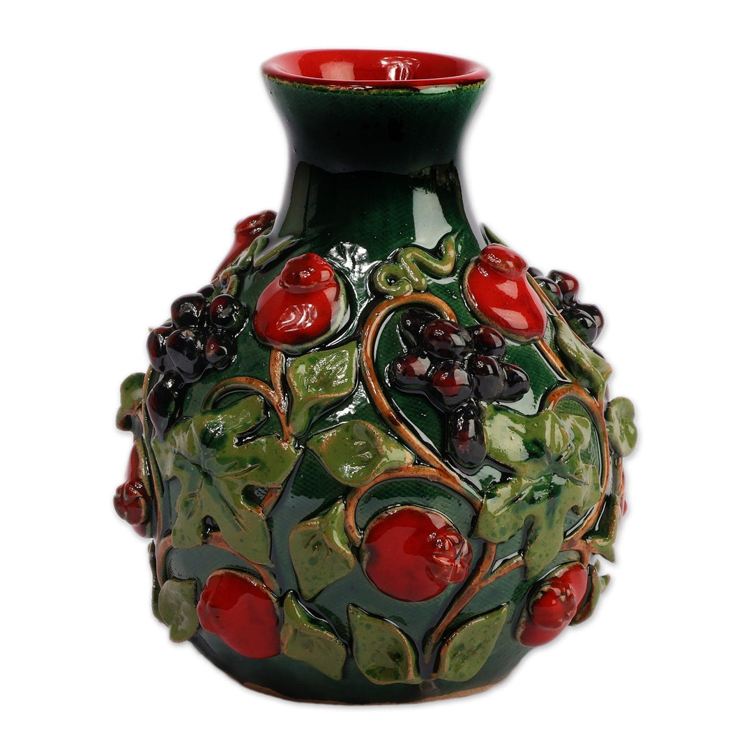Sylvan Pomegranate-Themed Glazed Leafy Green Ceramic Vase - Pomegranate Oasis