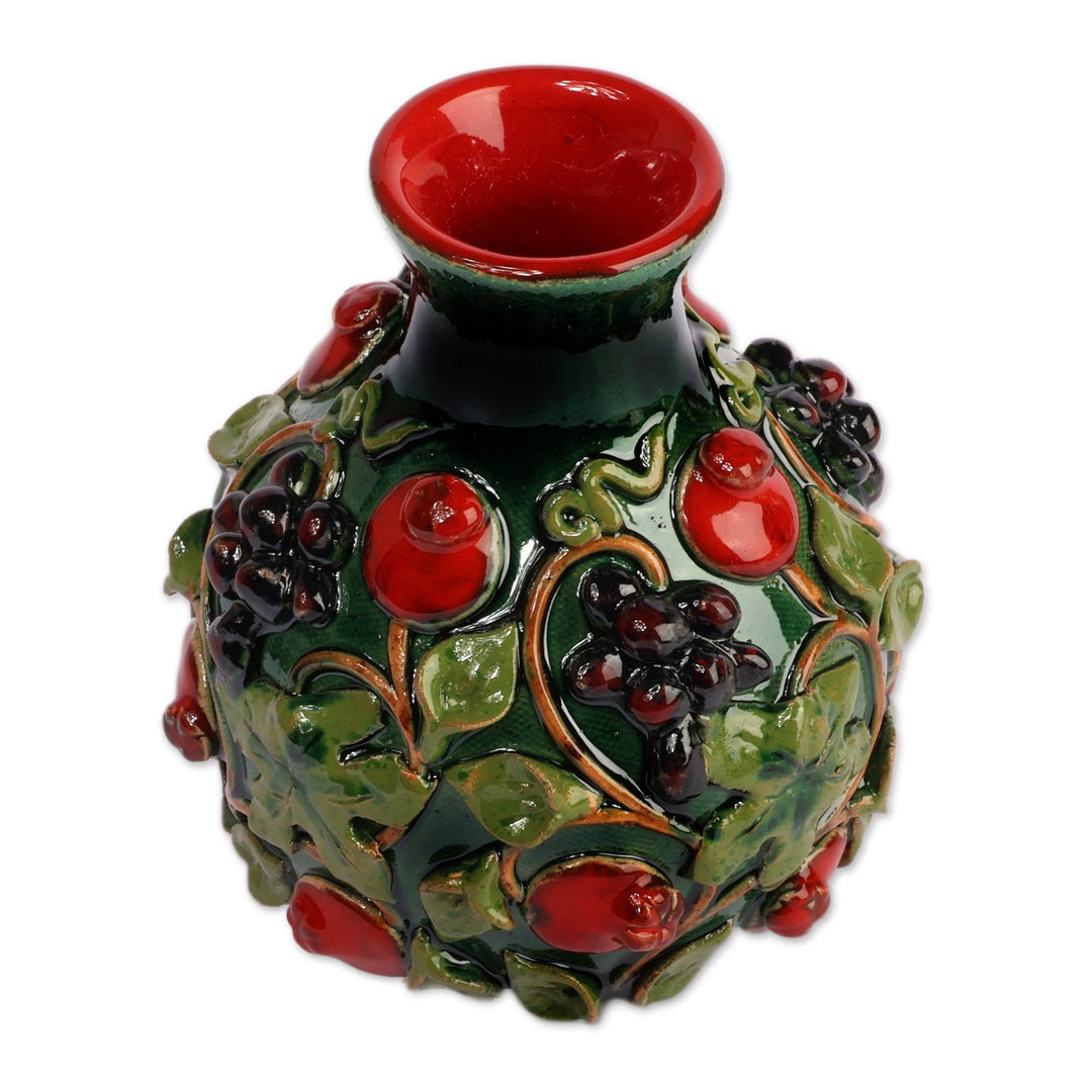 Sylvan Pomegranate-Themed Glazed Leafy Green Ceramic Vase - Pomegranate Oasis