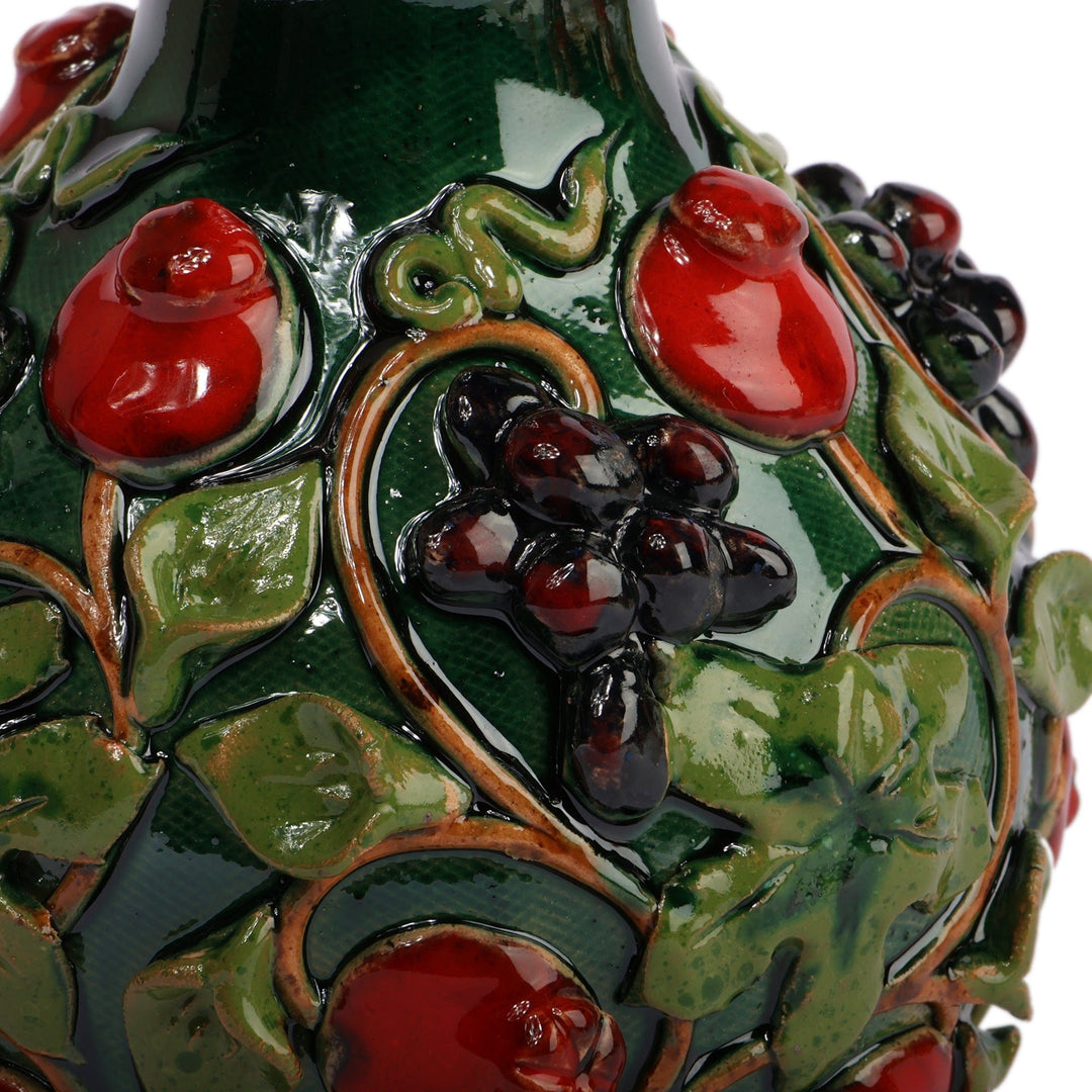 Sylvan Pomegranate-Themed Glazed Leafy Green Ceramic Vase - Pomegranate Oasis