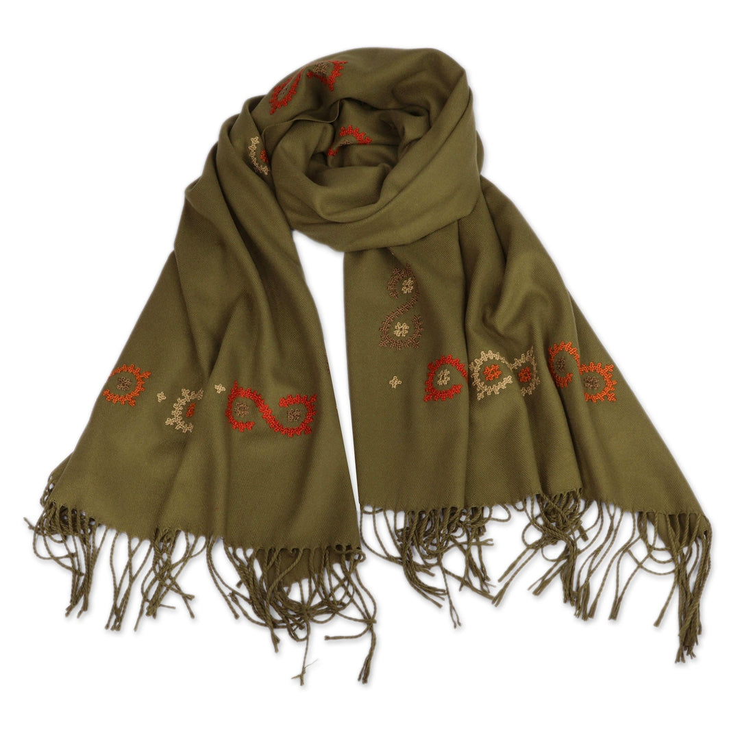 Handwoven Embroidered 100% Cashmere Wool Shawl in Green - Olive Vine