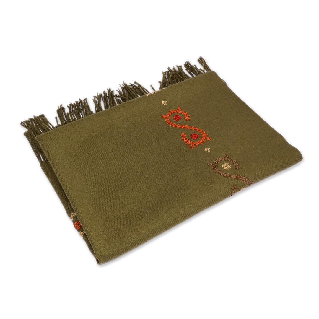 Handwoven Embroidered 100% Cashmere Wool Shawl in Green - Olive Vine