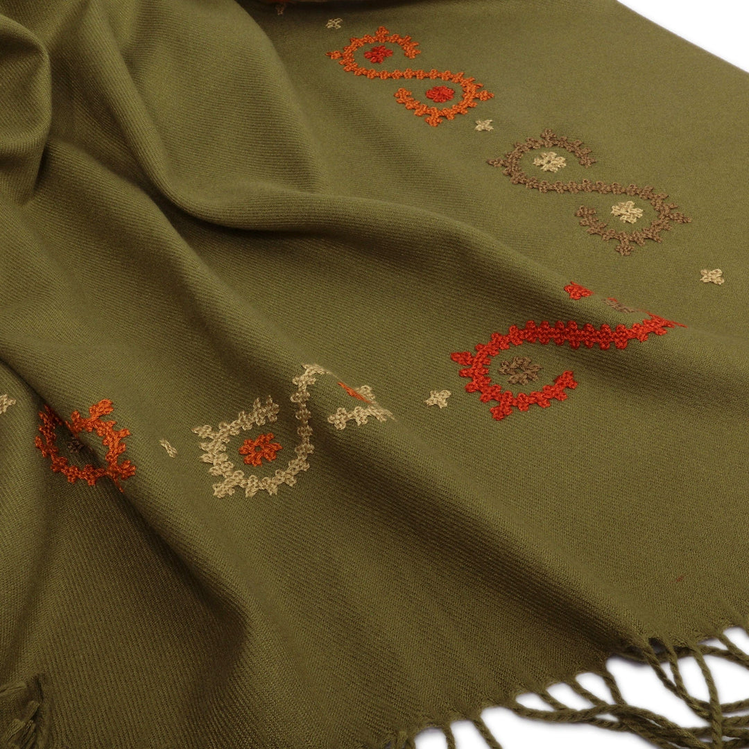 Handwoven Embroidered 100% Cashmere Wool Shawl in Green - Olive Vine
