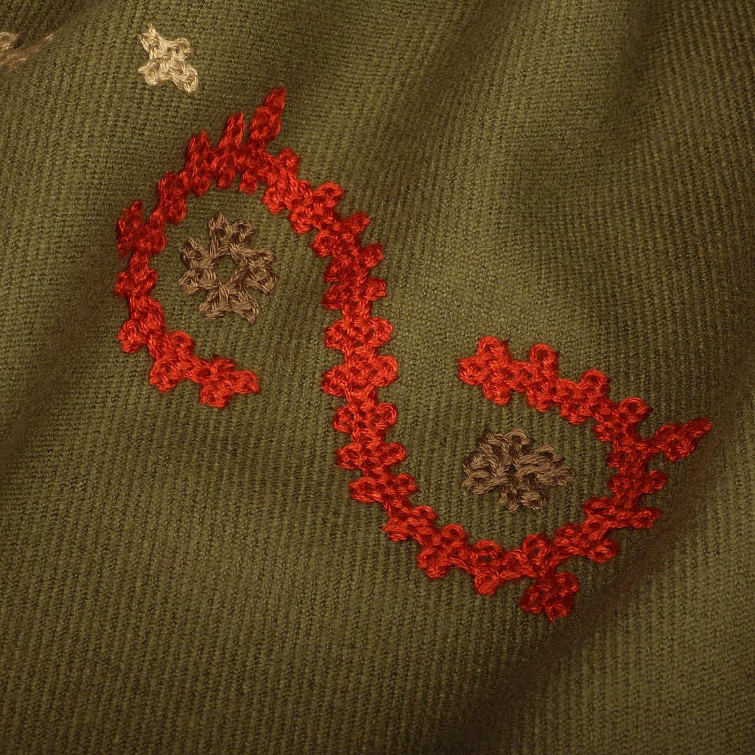 Handwoven Embroidered 100% Cashmere Wool Shawl in Green - Olive Vine