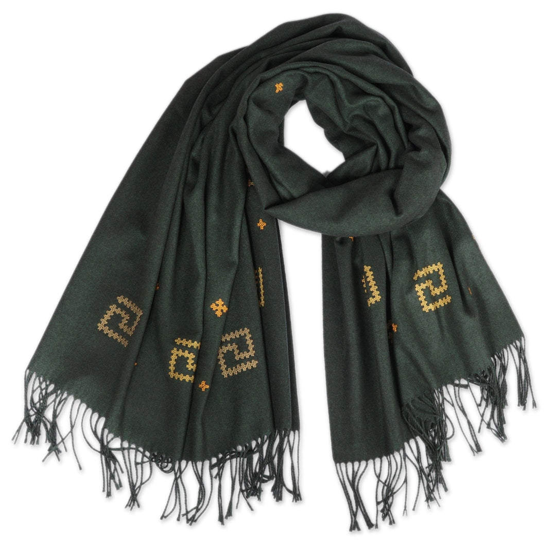 Hand-Woven Cashmere Wool Shawl with Armenian Embroidery - Emerald Geometry
