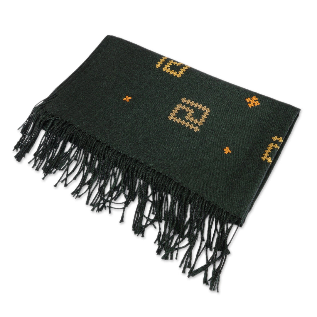Hand-Woven Cashmere Wool Shawl with Armenian Embroidery - Emerald Geometry