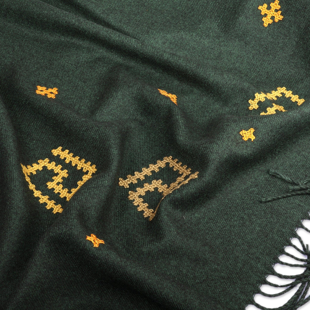 Hand-Woven Cashmere Wool Shawl with Armenian Embroidery - Emerald Geometry