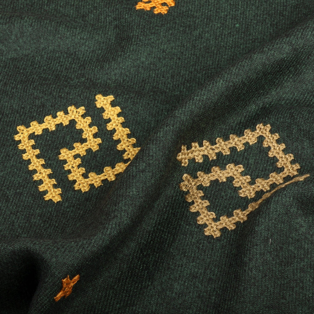 Hand-Woven Cashmere Wool Shawl with Armenian Embroidery - Emerald Geometry