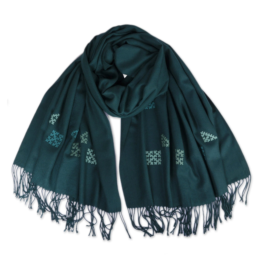 Hand-Woven Embroidered Fringed Cashmere Wool Shawl in Teal - Teal Diamond