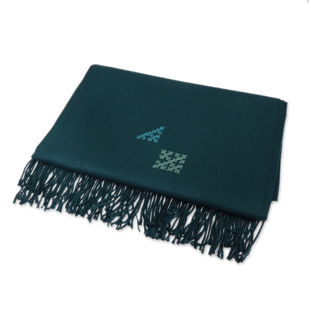 Hand-Woven Embroidered Fringed Cashmere Wool Shawl in Teal - Teal Diamond