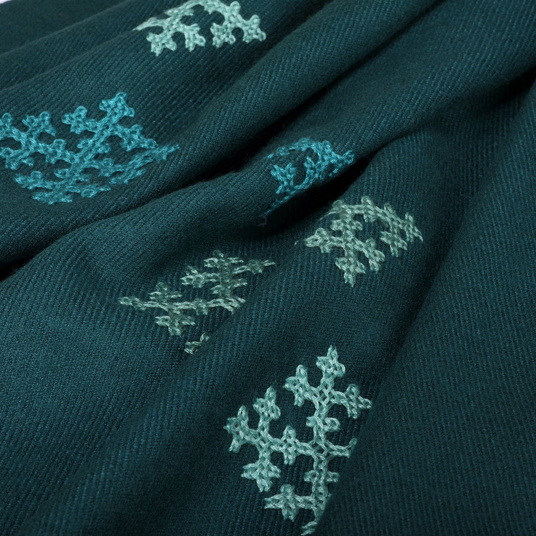 Hand-Woven Embroidered Fringed Cashmere Wool Shawl in Teal - Teal Diamond