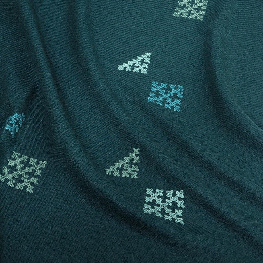 Hand-Woven Embroidered Fringed Cashmere Wool Shawl in Teal - Teal Diamond