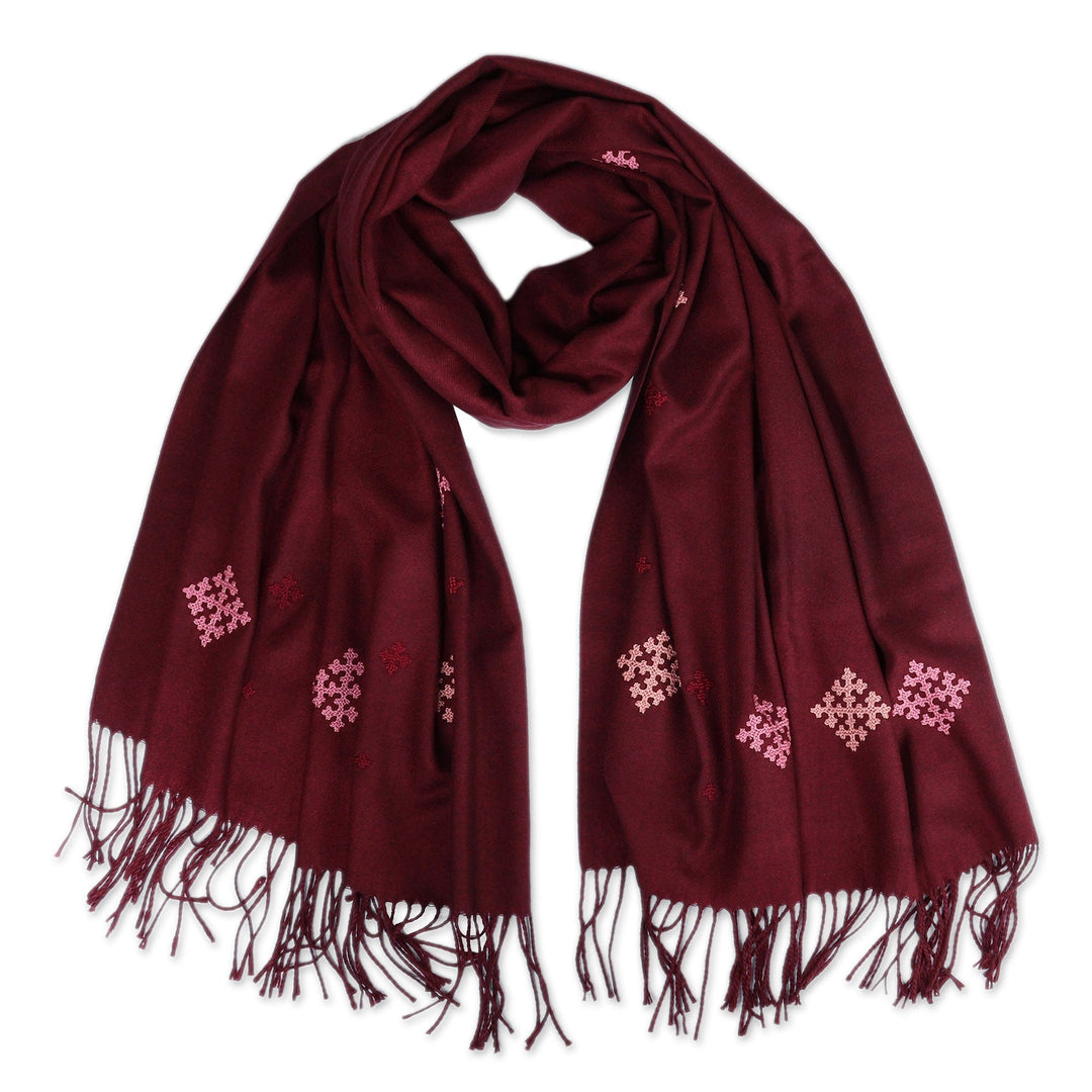 Hand-Embroidered and Woven Burgundy Cashmere Wool Shawl - Burgundy Star