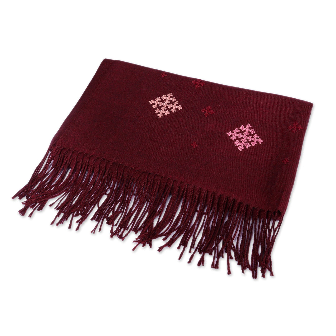 Hand-Embroidered and Woven Burgundy Cashmere Wool Shawl - Burgundy Star