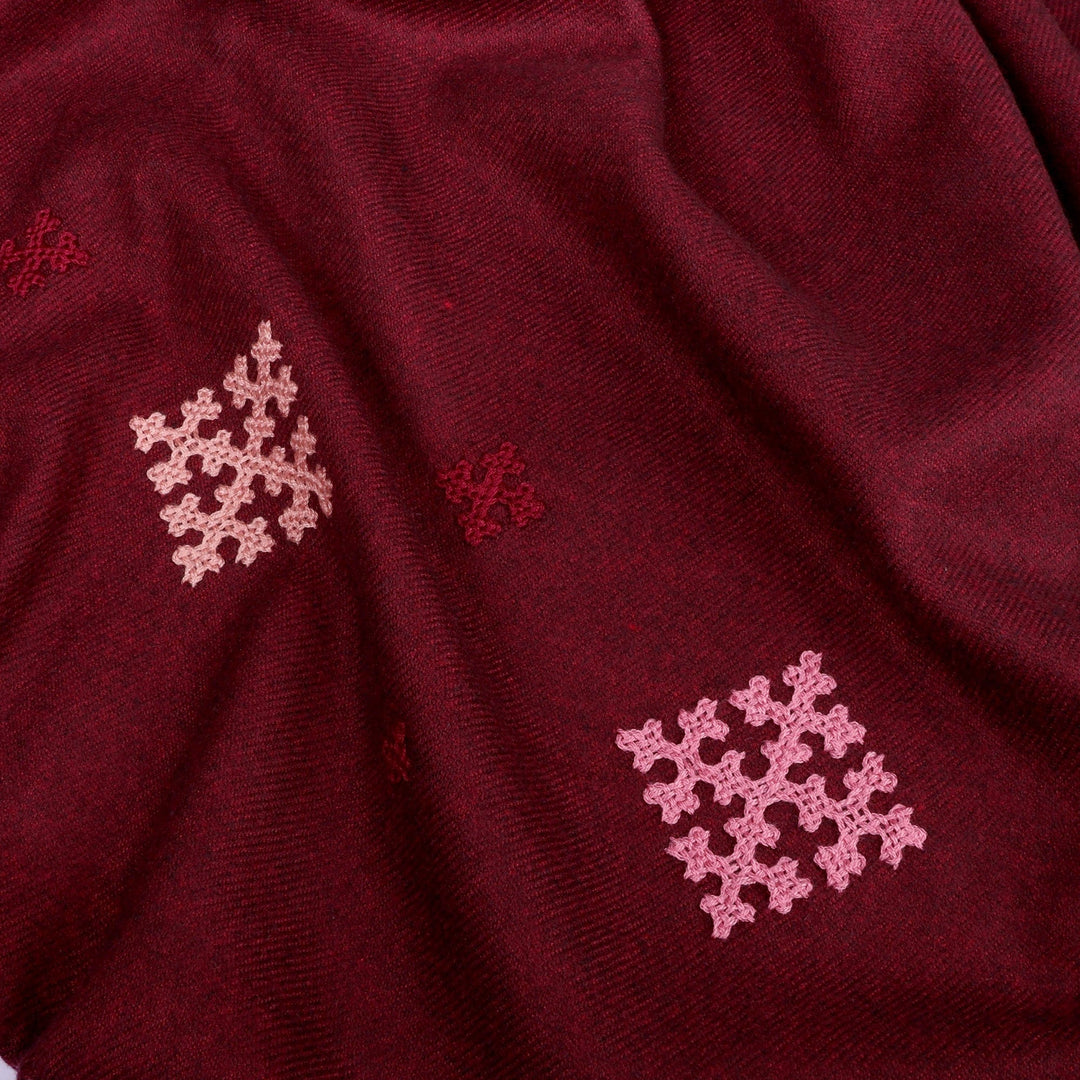 Hand-Embroidered and Woven Burgundy Cashmere Wool Shawl - Burgundy Star
