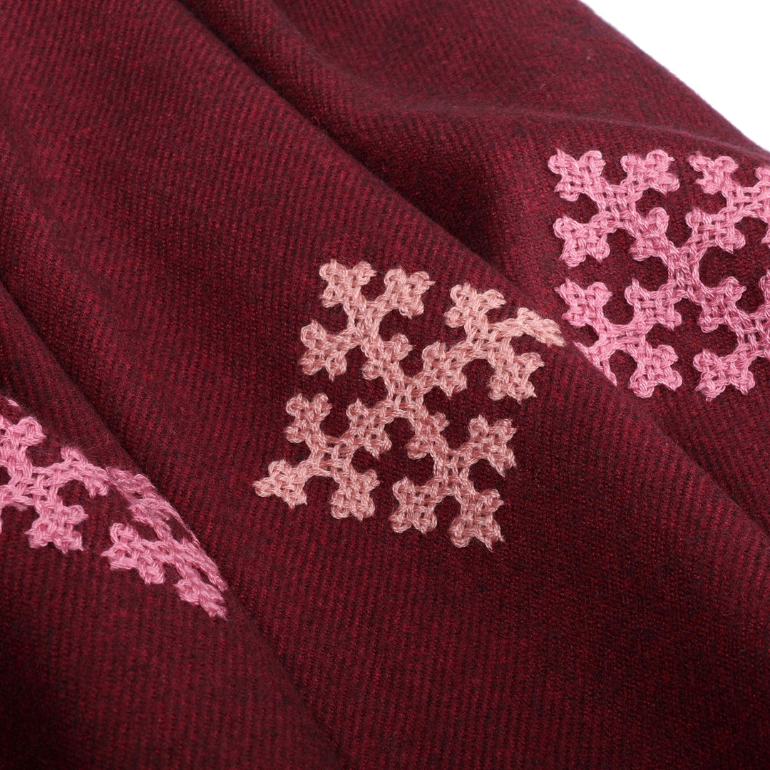Hand-Embroidered and Woven Burgundy Cashmere Wool Shawl - Burgundy Star