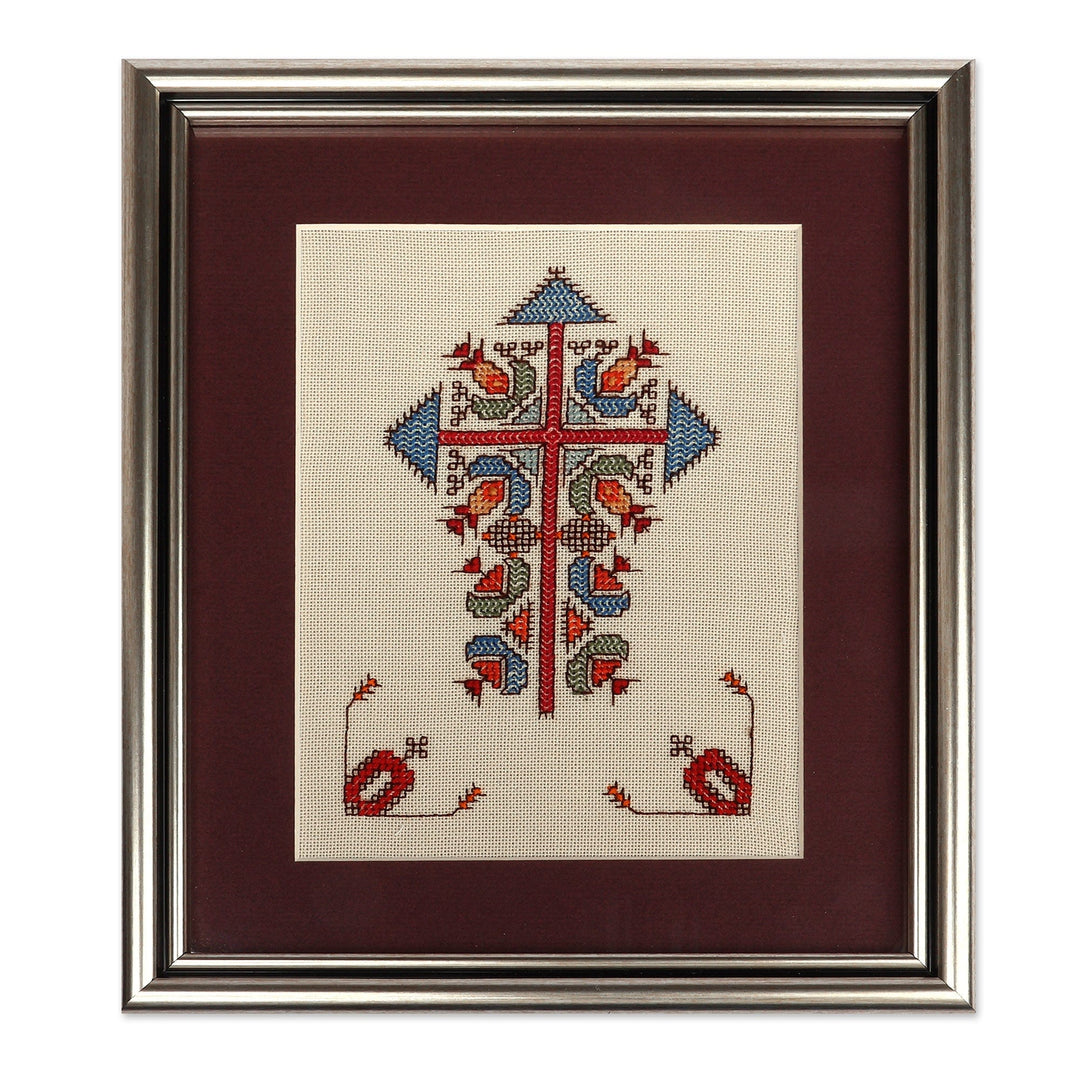 Embroidered Cross Framed 100% Cotton Wall Art from Armenia - Vital Roots