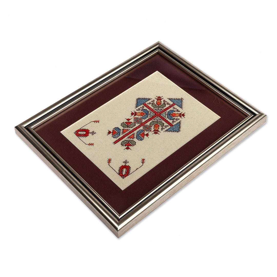 Embroidered Cross Framed 100% Cotton Wall Art from Armenia - Vital Roots