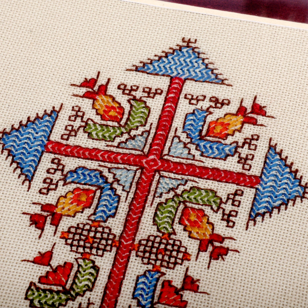 Embroidered Cross Framed 100% Cotton Wall Art from Armenia - Vital Roots