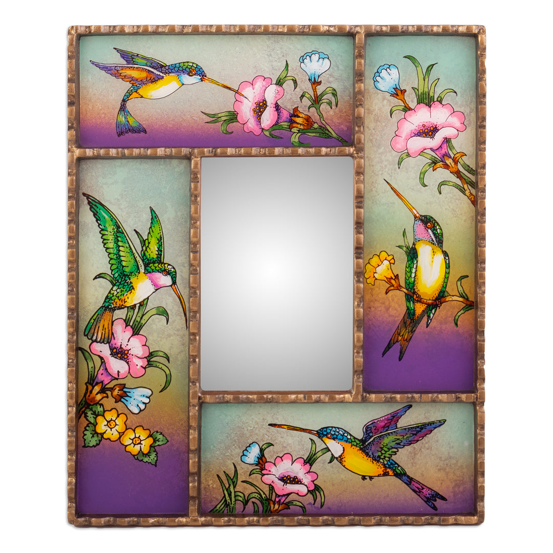 Hummingbird-Themed Reverse-Painted Glass Wall Accent Mirror - Dance of the Winds