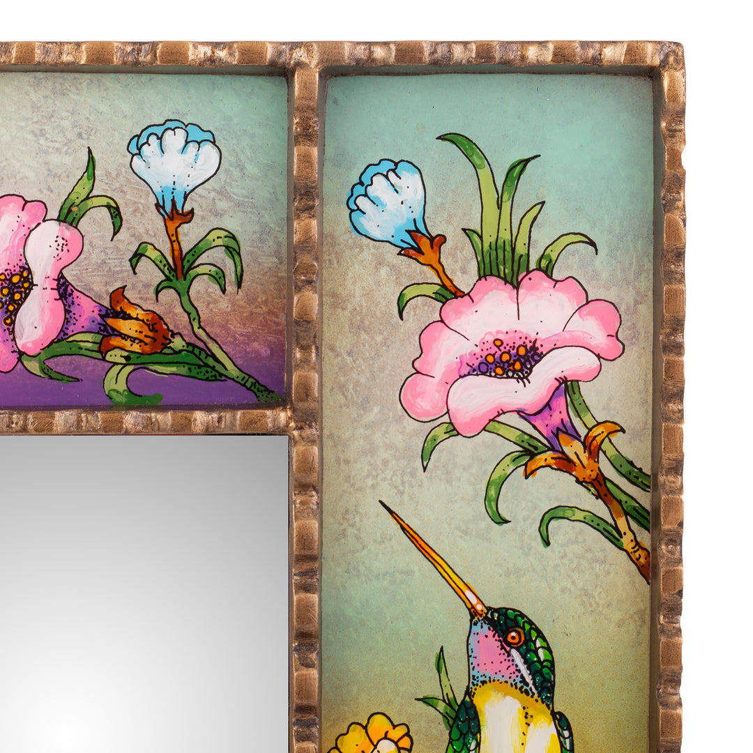 Hummingbird-Themed Reverse-Painted Glass Wall Accent Mirror - Dance of the Winds