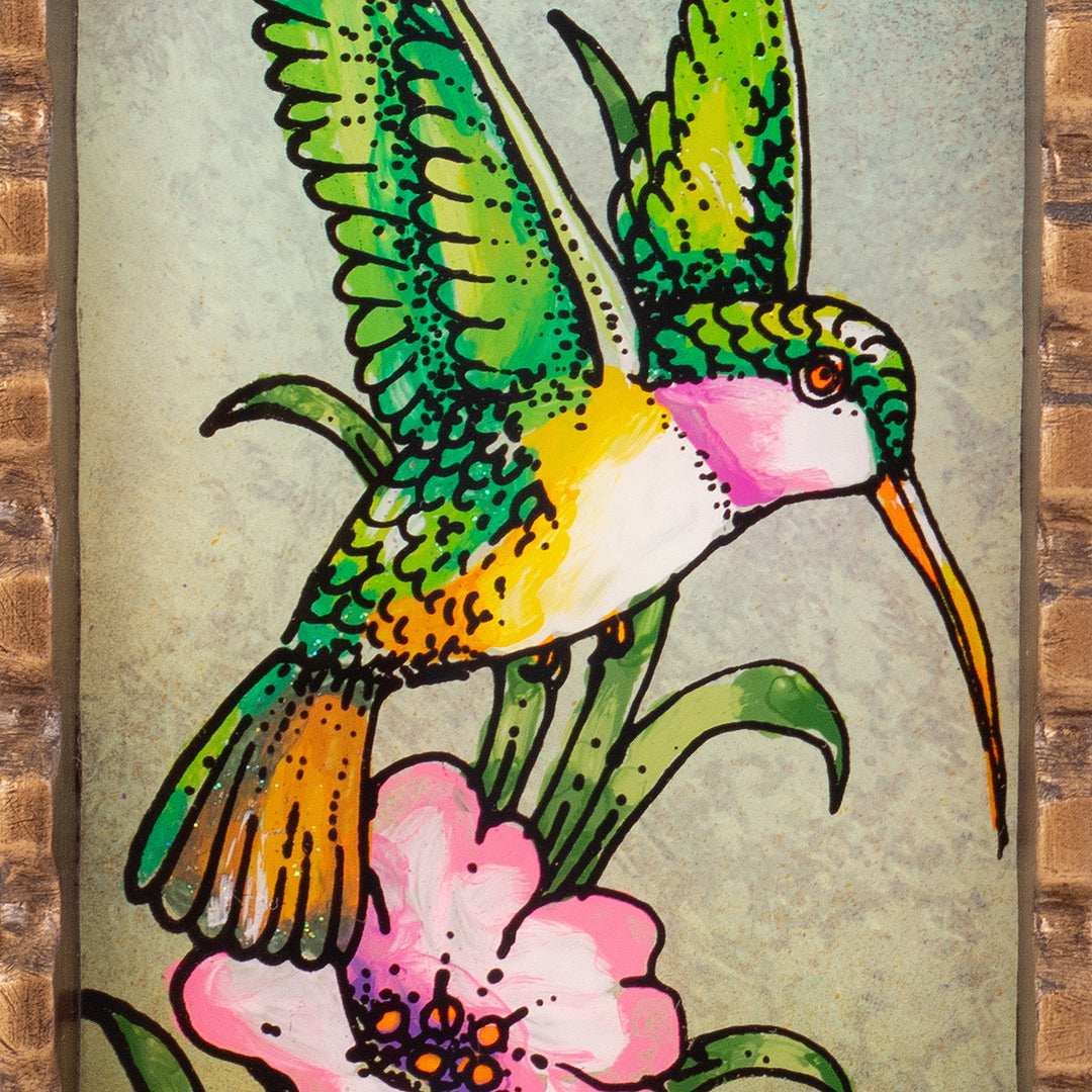 Hummingbird-Themed Reverse-Painted Glass Wall Accent Mirror - Dance of the Winds