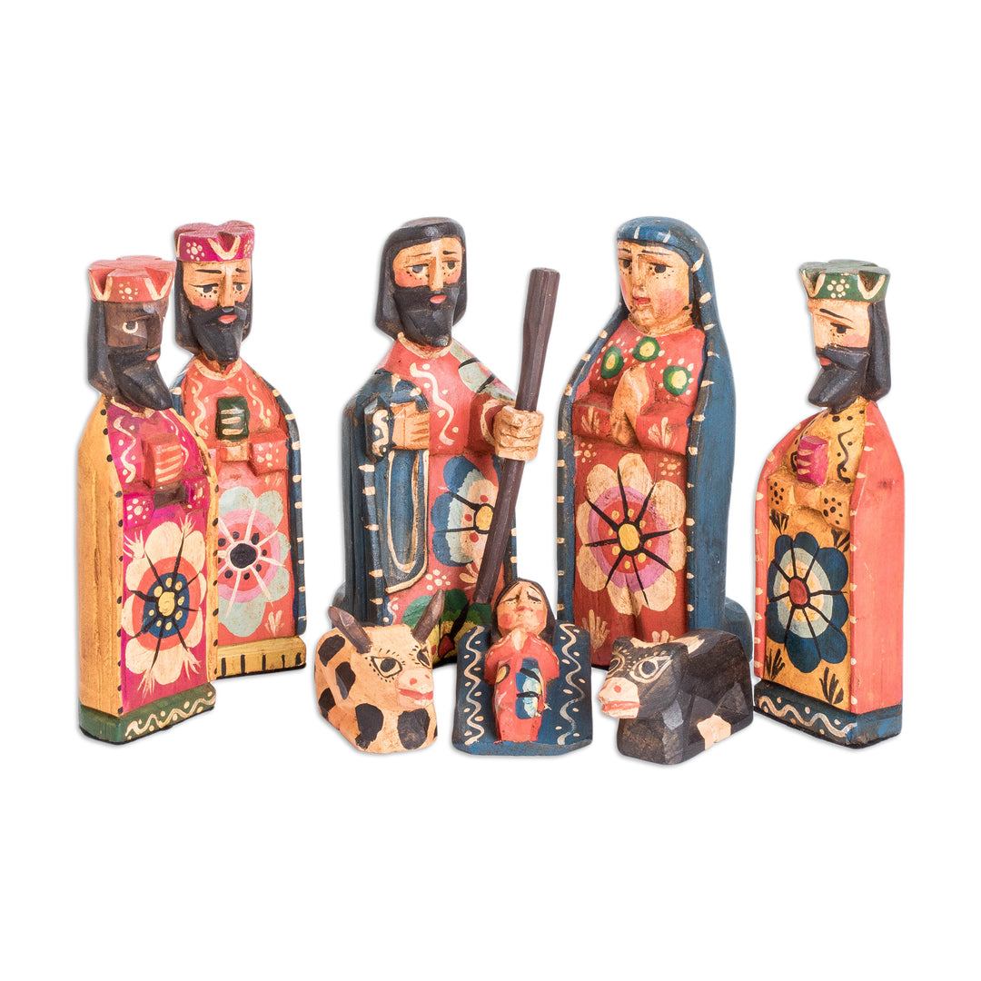 Hand-Painted Folk Art-Themed 8-Piece Pinewood Nativity Scene - The Promised Arrival