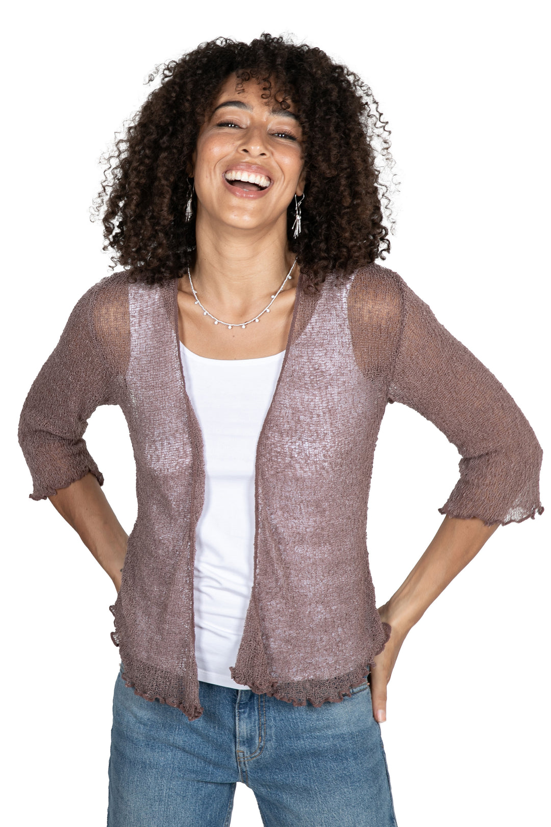 Balinese Knit Three-Quarter Sleeve Jacket in Sepia Hues - Lazy Days in Sepia