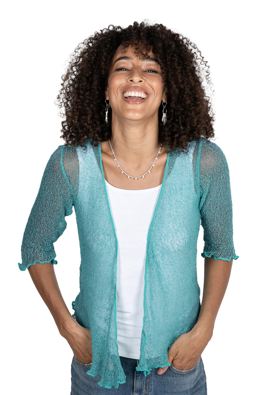 Knit Three-Quarter Sleeve Open-Front Jacket in Ocean Blue - Lazy Days in Ocean Blue