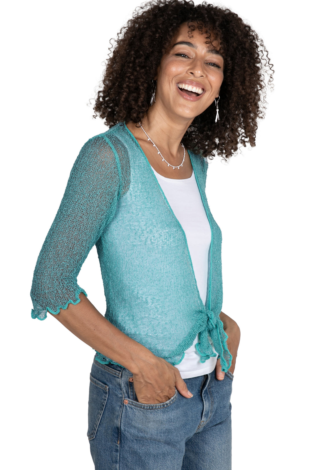 Knit Three-Quarter Sleeve Open-Front Jacket in Ocean Blue - Lazy Days in Ocean Blue
