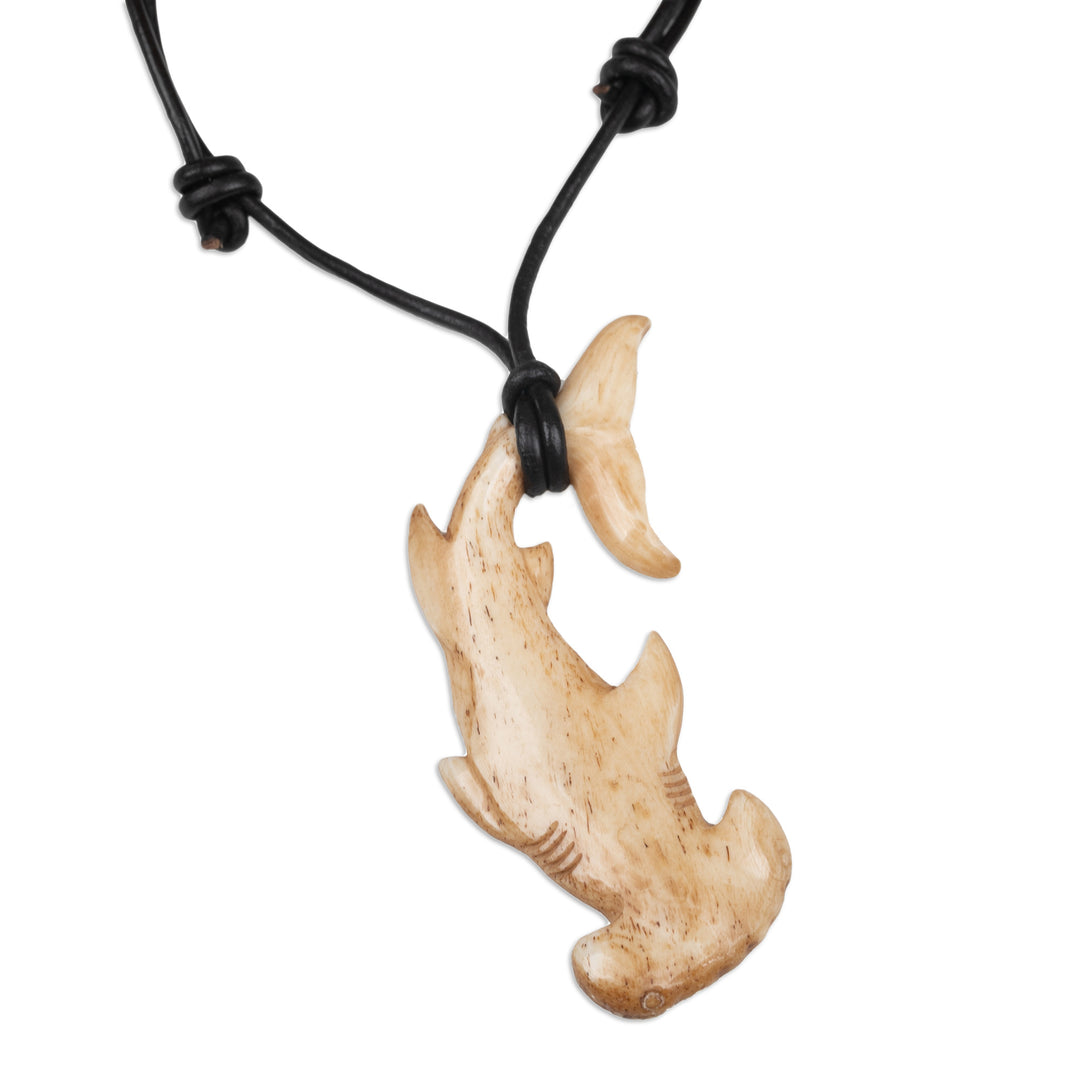 Sea Life-Themed Carved Black Leather Cord Pendant Necklace - Hammerhead Shark