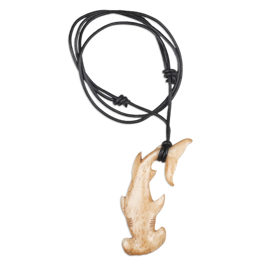 Sea Life-Themed Carved Black Leather Cord Pendant Necklace - Hammerhead Shark