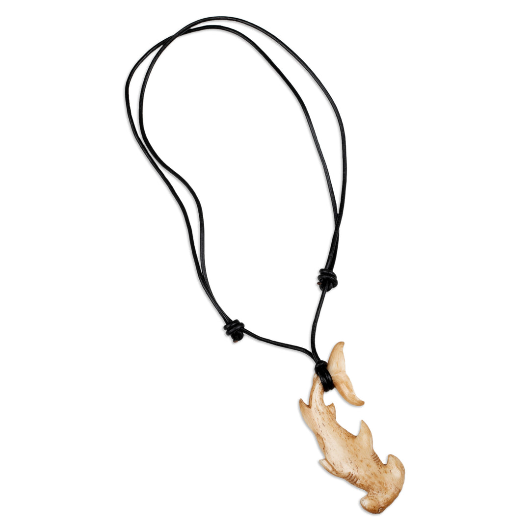 Sea Life-Themed Carved Black Leather Cord Pendant Necklace - Hammerhead Shark