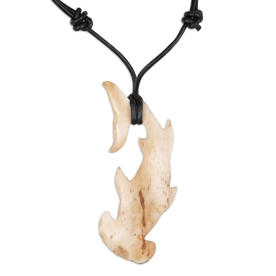 Sea Life-Themed Carved Black Leather Cord Pendant Necklace - Hammerhead Shark