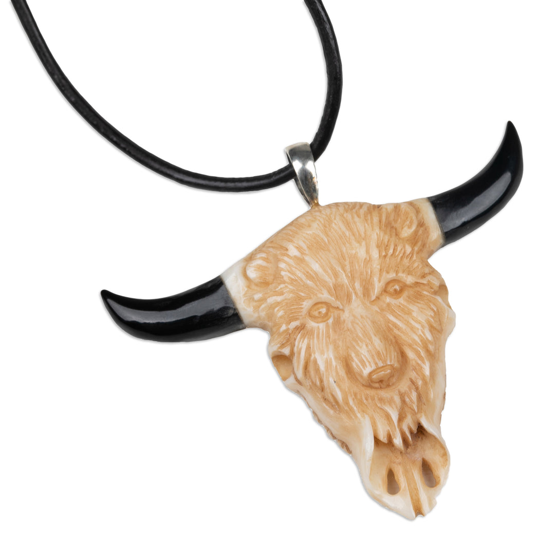 Unisex Bear-Themed Hand-Carved Leather Cord Pendant Necklace - Bear Horns