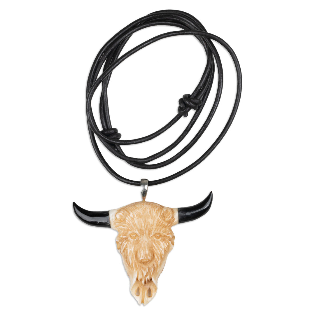 Unisex Bear-Themed Hand-Carved Leather Cord Pendant Necklace - Bear Horns