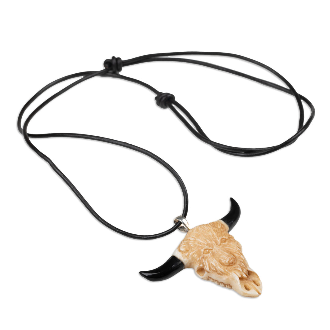 Unisex Bear-Themed Hand-Carved Leather Cord Pendant Necklace - Bear Horns