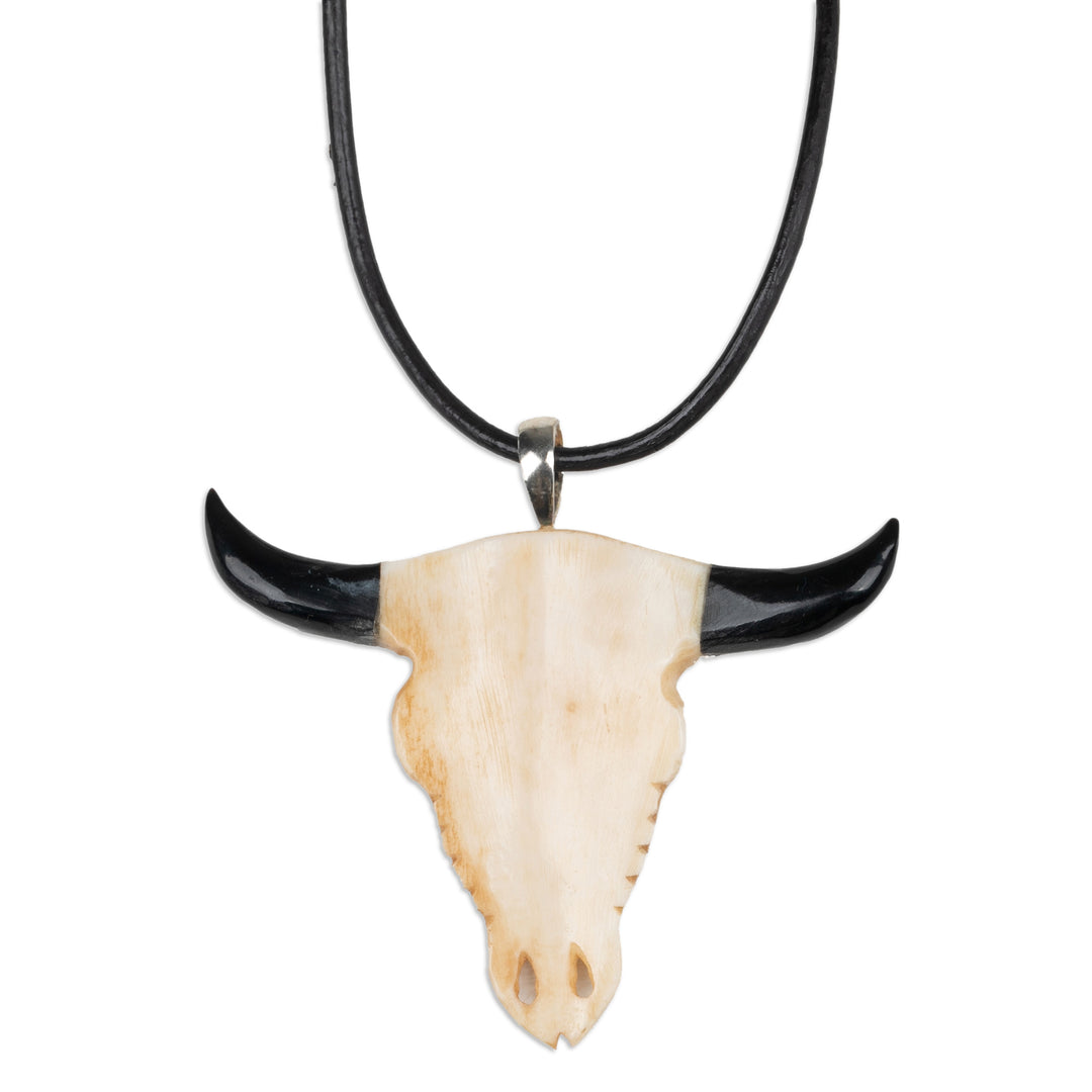 Unisex Bear-Themed Hand-Carved Leather Cord Pendant Necklace - Bear Horns
