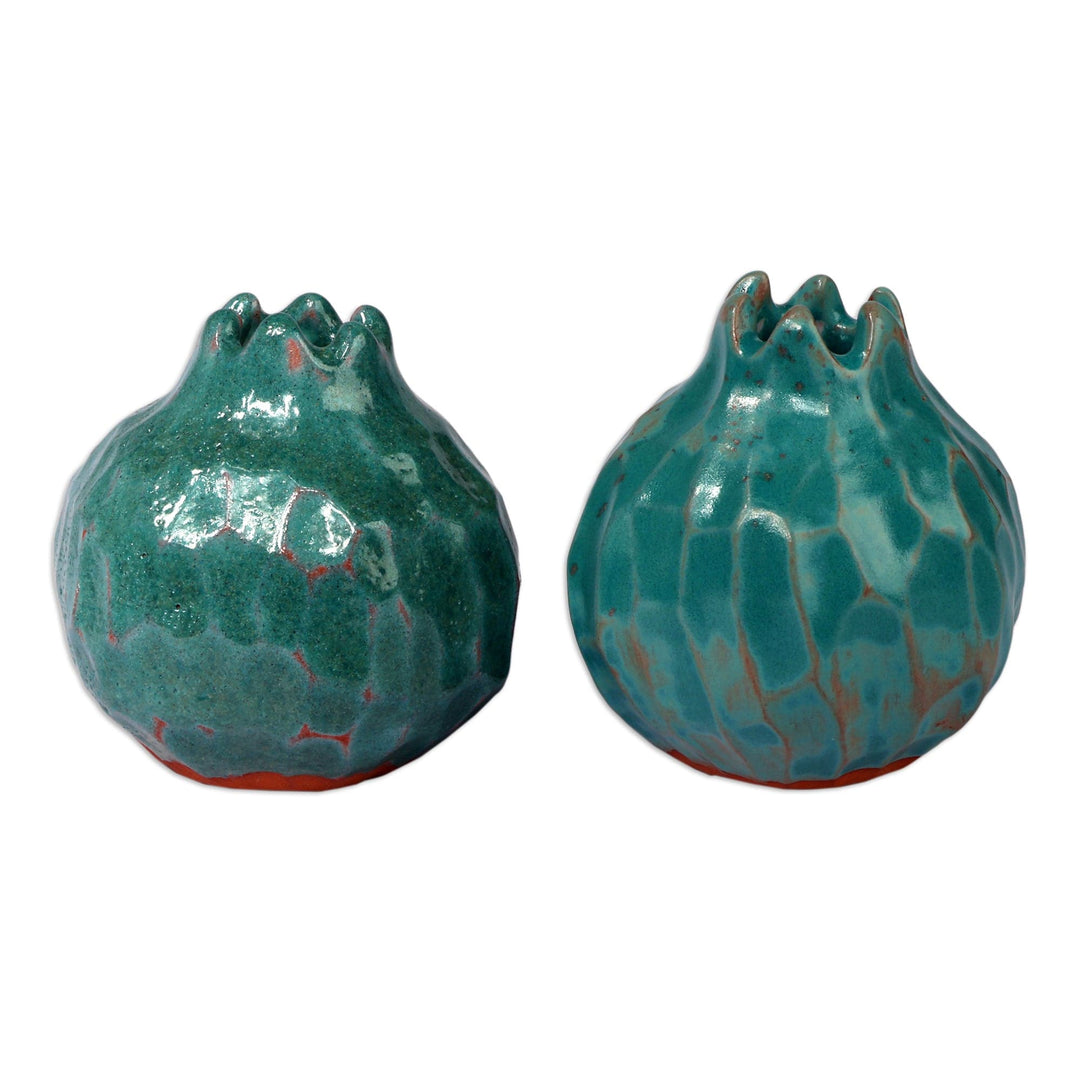 Painted Pomegranate-Shaped Ceramic Vase Pair in Turquoise - Turquoise Harmony