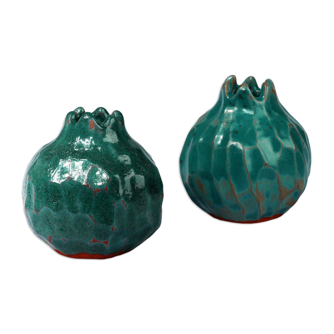 Painted Pomegranate-Shaped Ceramic Vase Pair in Turquoise - Turquoise Harmony