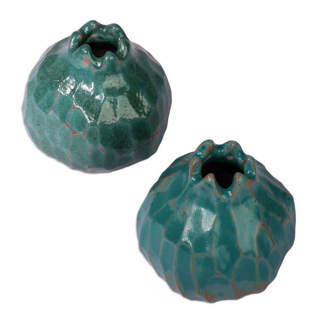 Painted Pomegranate-Shaped Ceramic Vase Pair in Turquoise - Turquoise Harmony